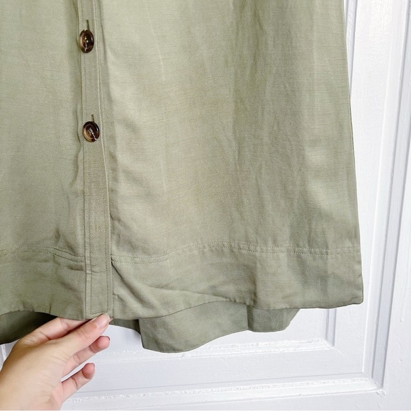 REISS • Emma Plunge Frill Shoulder Dress green midi button front tie waist belt - Picture 9 of 14